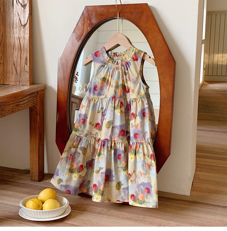 Summer Baby Kids Girls Sleeveless Oil-Painting Flowers Pattern Dress-4