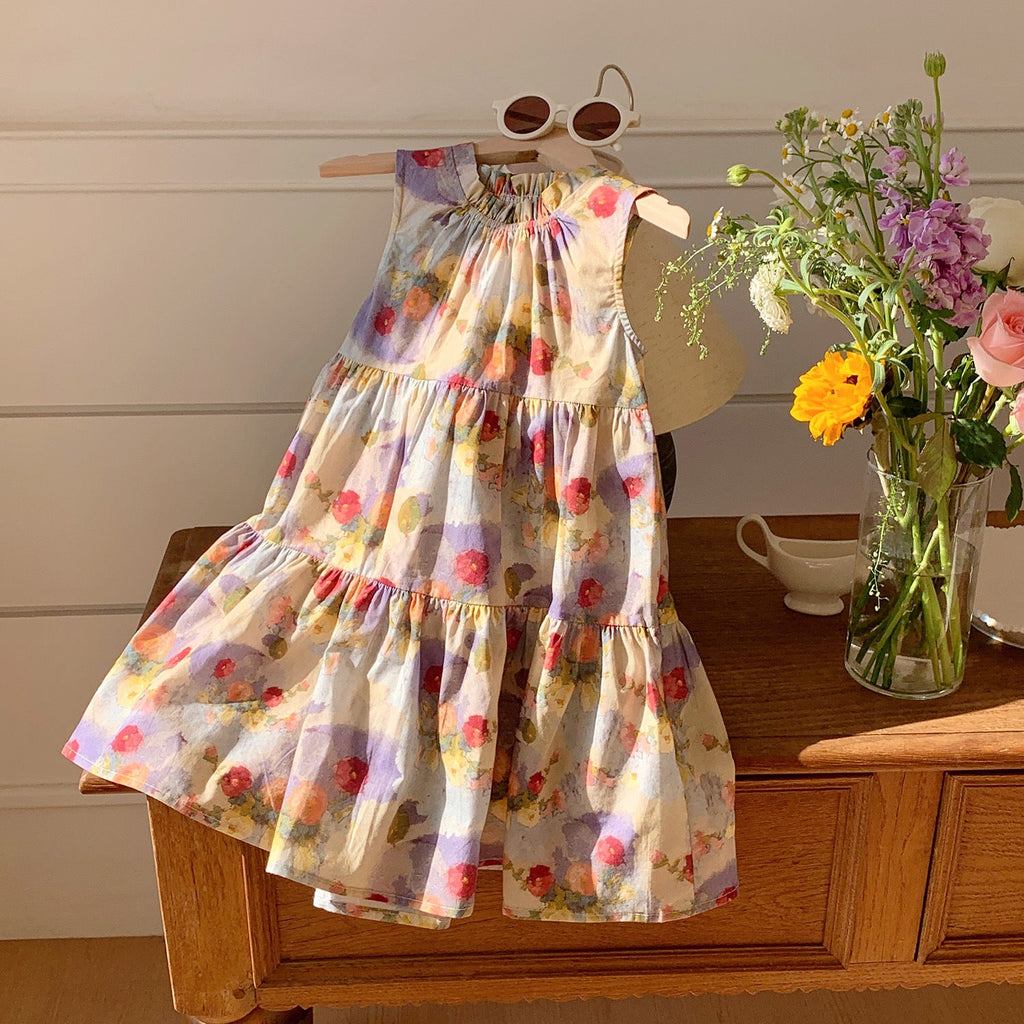 Summer Baby Kids Girls Sleeveless Oil-Painting Flowers Pattern Dress-2
