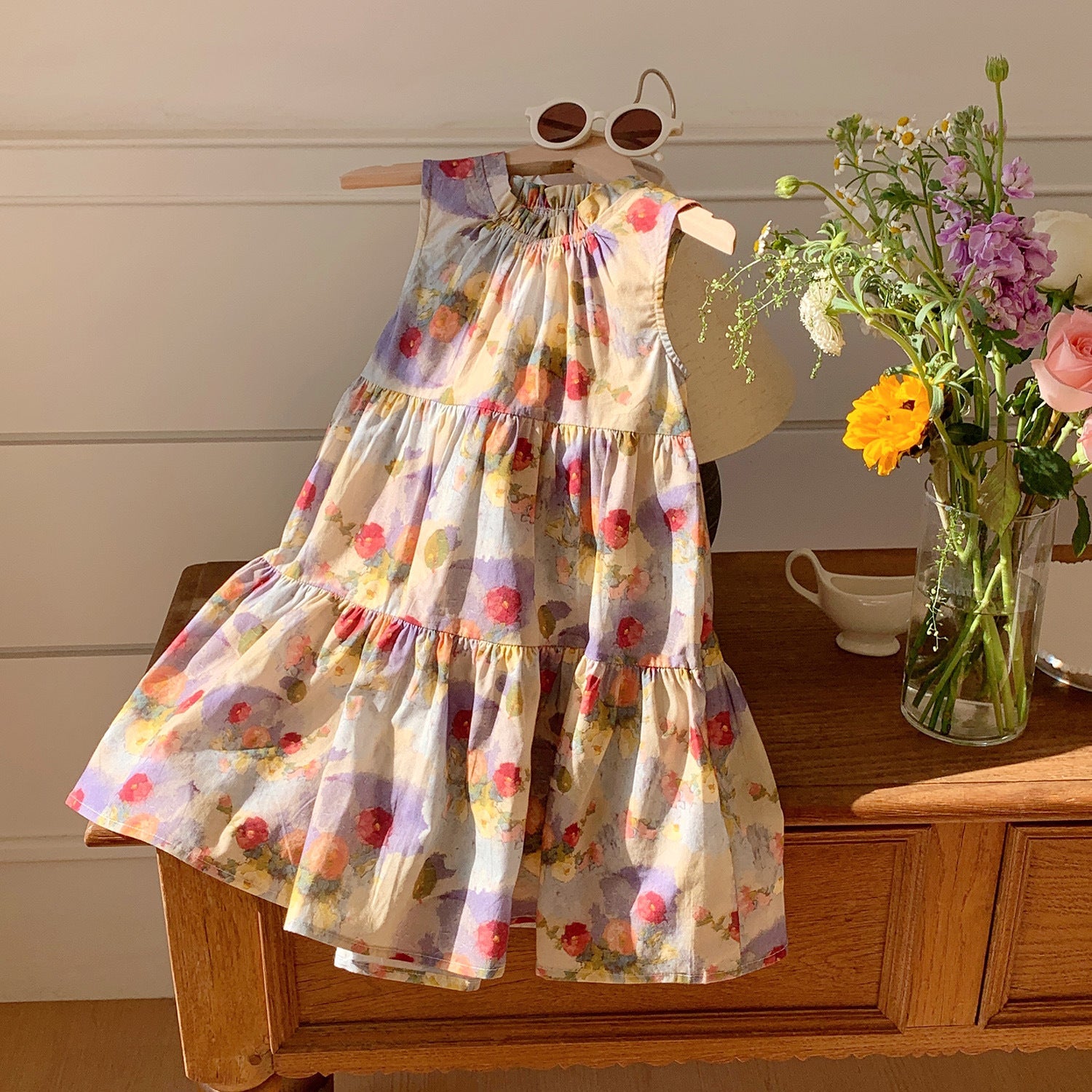 Summer Baby Kids Girls Sleeveless Oil-Painting Flowers Pattern Dress-2