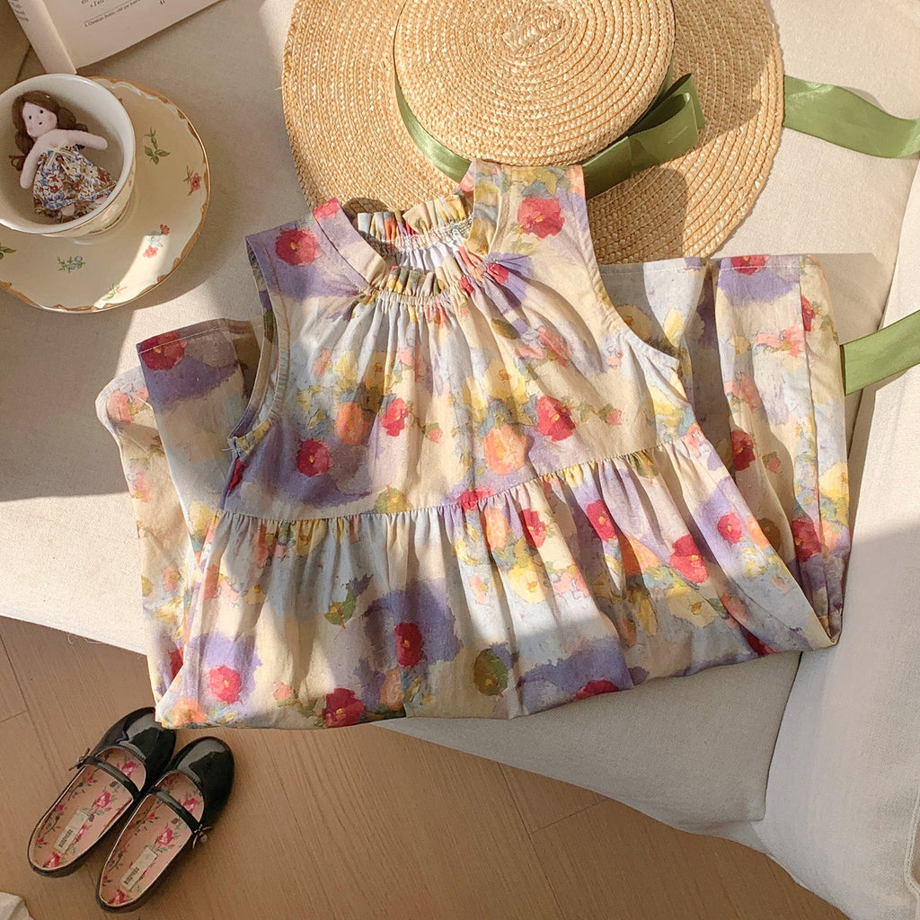 Summer Baby Kids Girls Sleeveless Oil-Painting Flowers Pattern Dress-3