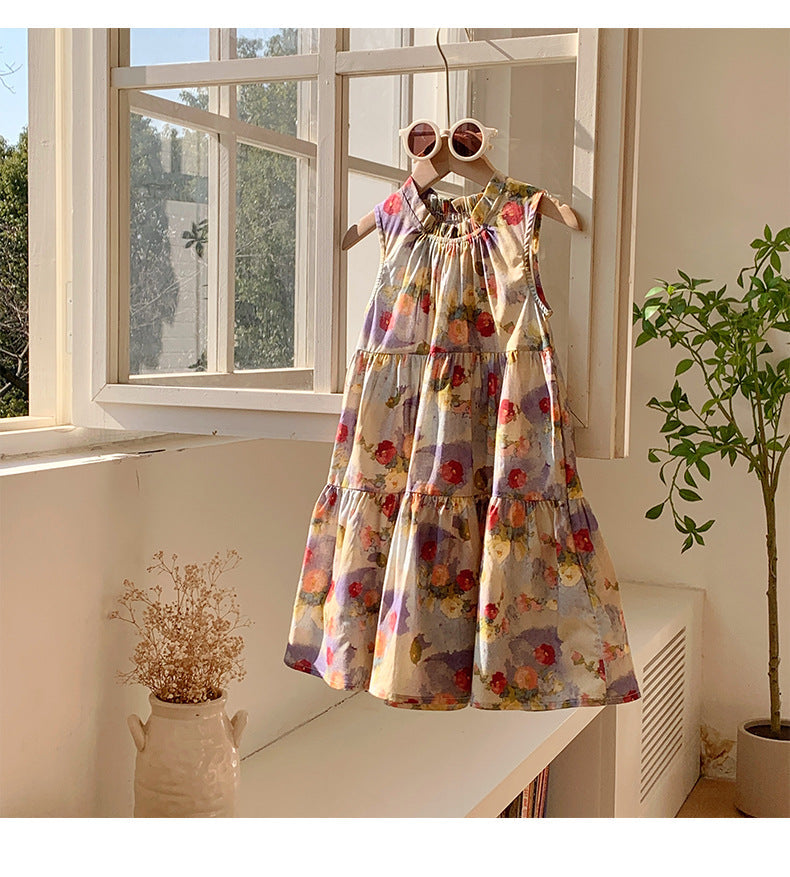Summer Baby Kids Girls Sleeveless Oil-Painting Flowers Pattern Dress-0